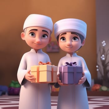 Adorable Muslim Boys Character Holding Gift Boxes. Eid Mubarak Concept, . photo