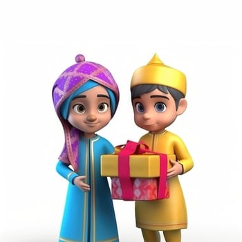 Adorable Disney Style Character of Muslim Kids with A Gift Box, Eid Mubarak Concept. . photo