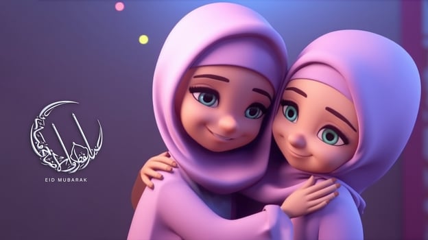 Adorable Disney Style Avatar of Muslim Girls Hugging and Wishing Each Other for Eid Mubarak Concept, . photo