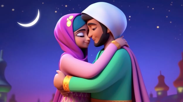 Adorable Cartoon Avatar of Embracing Muslim Couple Each Other in Crescent Night. Eid Mubarak Concept, . photo