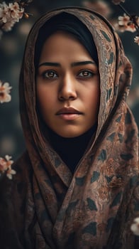 A Gorgeous Indian Woman Wearing Hijab Headscarves on Floral Background, . photo