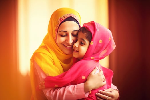 Adorable Indian Muslim Kid Hugging Her Mom In Hijab, Eid Mubarak Concept. . photo