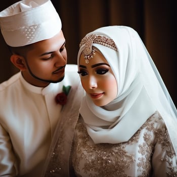 Portrait of Muslim Wedding Couple Wearing Traditional Attire, . photo