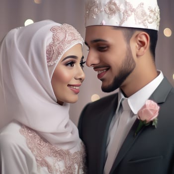 Portrait of Muslim Wedding Couple Wearing Traditional Attire, . photo