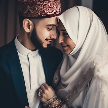 Portrait of Muslim Wedding Couple Wearing Traditional Attire, . photo