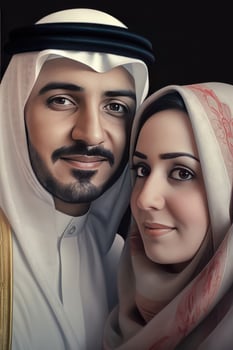 Realistic Portrait of Arab Couple Wearing Traditional Attire, Actual Image, Eid Celebration Concept, . photo