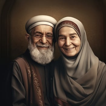 Realistic Portrait of Old Muslim English Couple Wearing Traditional Attire, . photo