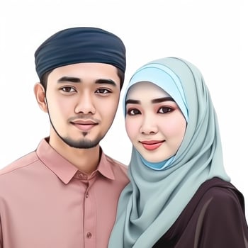 Realistic Portrait of Young Muslim Asian Couple Wearing Traditional Attire, . photo