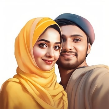 Realistic Portrait of Young Muslim Indian Couple Wearing Traditional Attire, . photo