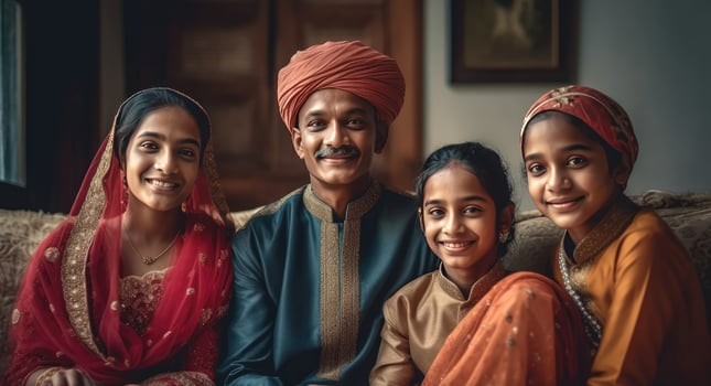 Realistic Portrait of Cheerful Muslim Family Wearing Traditional Attire During Eid Celebration, . photo