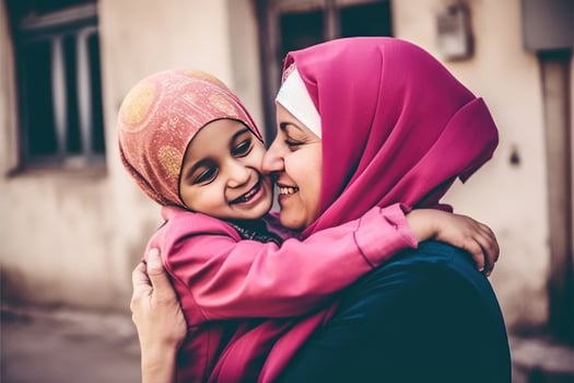 Closeup Portrait of Muslim Woman Hugging Her Daughter in Hijab, Eid Celebration, . photo