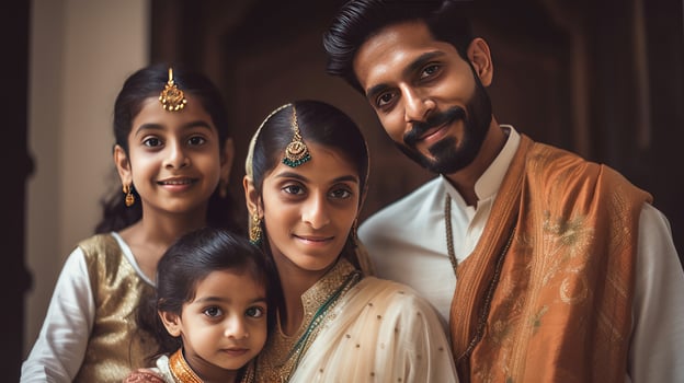 Realistic Closeup Portrait of Cheerful Muslim Family Wearing Traditional Attire During Eid Celebration, . photo