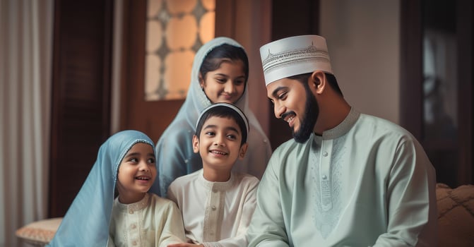 Happy Muslim Family Character Wearing Traditional Attire, Eid Celebration Concept, . photo