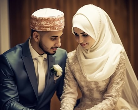 Realistic Portrait of Loving Muslim Couple During The Marriage Ceremony or Eid Celebration, . photo