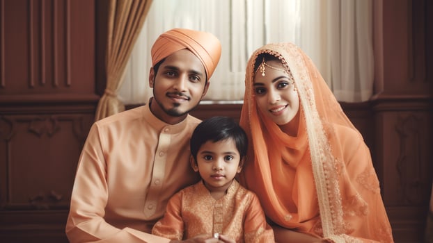 Happy Muslim Family Character Wearing Traditional Attire, Eid Celebration Concept, . photo