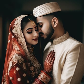 Closeup of Elegant Indian Muslim Wedding Couple Character, Digital Illustration. photo