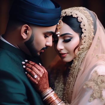 Romantic Indian Muslim Wedding Couple Character, Digital Illustration. photo