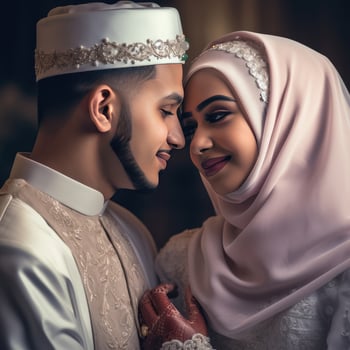 Portrait of Muslim Wedding Couple Wearing Traditional Attire, . photo