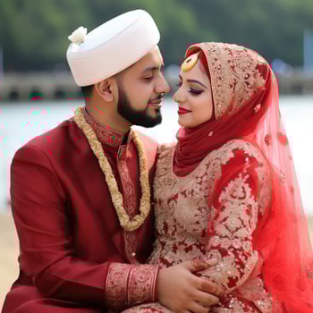 Romantic Indian Muslim Wedding Couple Character, Digital Illustration. photo
