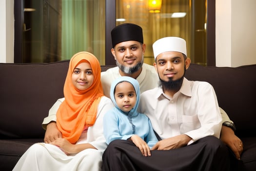 Realistic Portrait of Muslim Family Wearing Traditional Attire and Sitting Together at Sofa During Eid Celebration, . photo