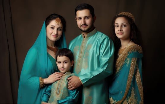 Indian Muslim Family Wearing Traditional Attire in Turquoise and Golden Color During Eid Celebration, . photo