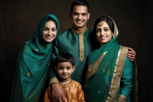 Realistic Portrait of Muslim Family Wearing Traditional Attire During Eid Celebration, . photo