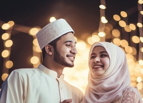 Defocus View of Loving Young Islamic Man and Woman on Bokeh Blur Background. Illustration. photo