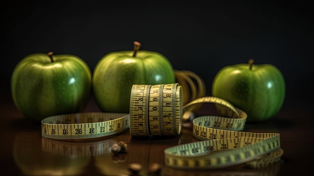 Healthy LIfestyle of Green Apples with Seeds and Measuring Tape on Dark Brown Background. . photo