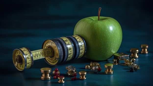 Healthy Lifestyle of A Green Apple with Measuring Tape and Dumbbell on Teal Background. . photo