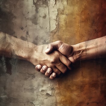 Close Shot of Casually or Friendly Two Person Shaking Hands against Rustic Wall. . photo
