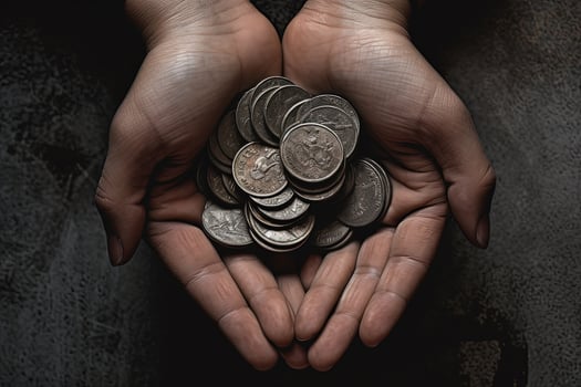 Top View Handful of Coins in Palm of Human Hands on Dark Background, Save Money Concept. . photo