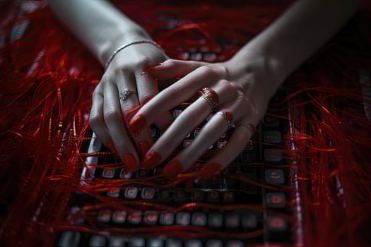 Female Hands with Top of Keyboard Entangled from Red Thread. Technology. photo