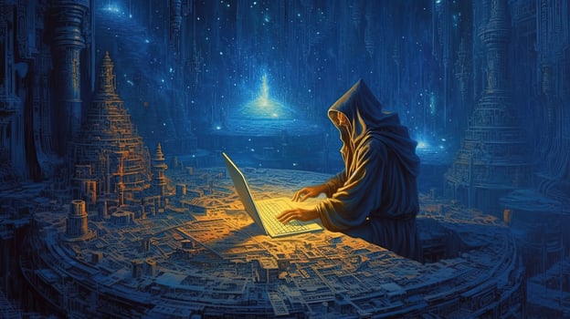 Horror Image of Death Person Using Laptop at Dark Blue Light Ancient Palace. Digital Technology. photo