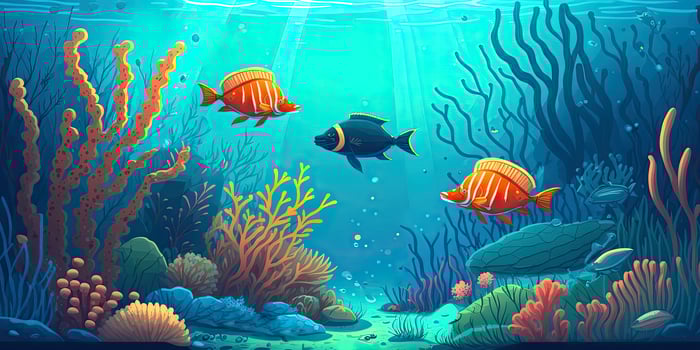Vintage Water Color Wallpaper Colorful Fishes and Corals. AI-Generated, Digital Illustration. photo