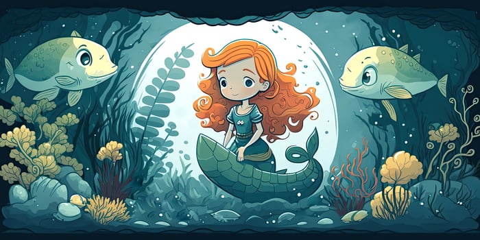 Vintage Water Color Wallpaper Colorful Mermaid, Fishes and Corals. AI-Generated, Digital Illustration. photo