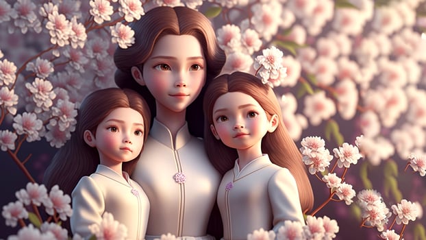 Mother and daughters, beautiful flowers background, Happy Mothers Day Concept . photo