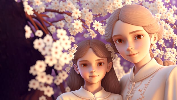 Mother and daughter, beautiful flowers background, Happy Mothers Day Concept . photo