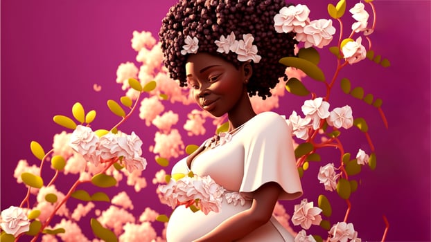 An intimate realistic illustration showing a pregnant woman and surrounded by beautiful flowers, nature, offering an emotion of peace and connection. photo