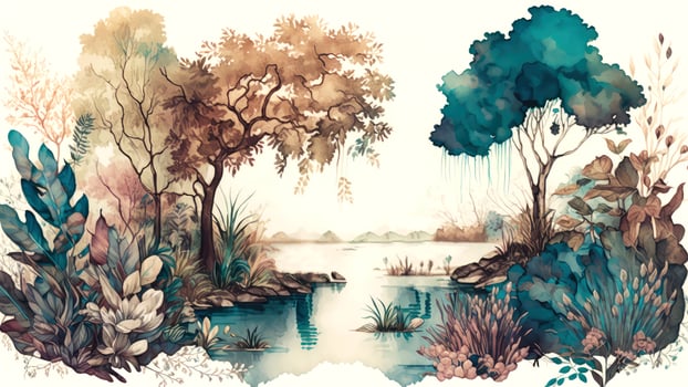Vintage Water Color Wallpaper of Forest Landscape with Lake, Plants, Trees. AI-Generated, Digital Illustration. photo