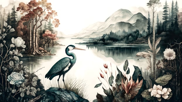 Vintage Water Color Wallpaper of Forest Landscape with Lake, Plants, Trees with bird. AI-Generated, Digital Illustration. photo