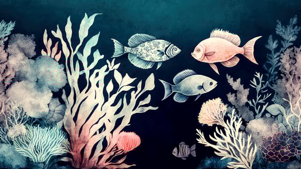 Vintage Water Color Wallpaper Colorful Fishes and Corals. AI-Generated, Digital Illustration. photo