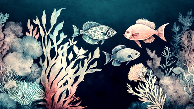 Vintage Water Color Wallpaper Colorful Fishes and Corals. AI-Generated, Digital Illustration. photo