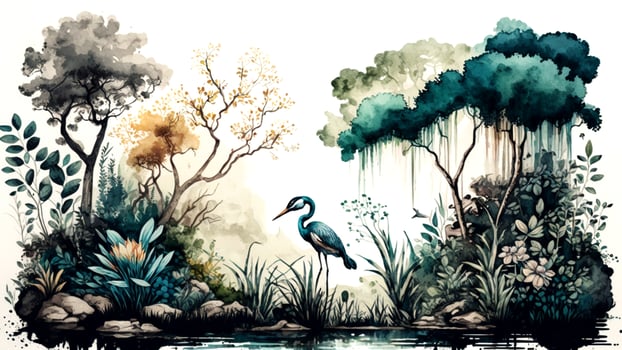 Water Color Wallpaper of Forest Landscape with Lake, Plants, Trees. AI-Generated photo