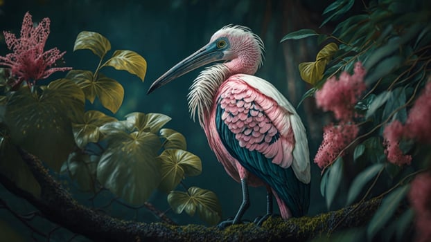 Flamingo beautifully captured in a colorful, floral-filled portrait, . photo