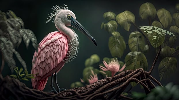 Flamingo beautifully captured in a colorful, floral-filled portrait, . photo
