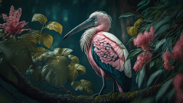 Flamingo beautifully captured in a colorful, floral-filled portrait, . photo