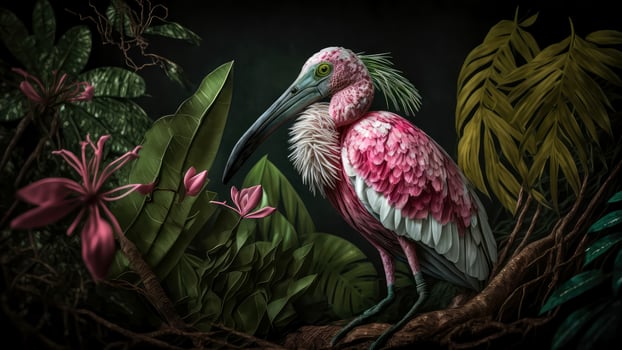 Flamingo beautifully captured in a colorful, floral-filled portrait, . photo