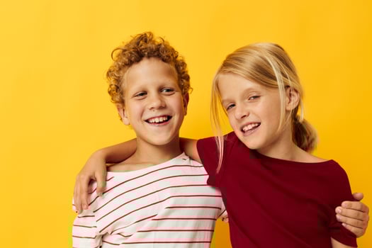 Cute stylish kids casual wear games fun together isolated background photo