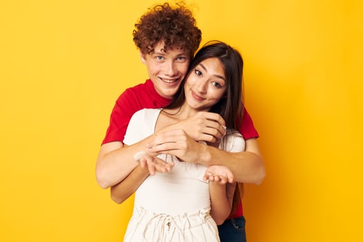 Cheerful guy and girl hug Friendship Tea bags photo