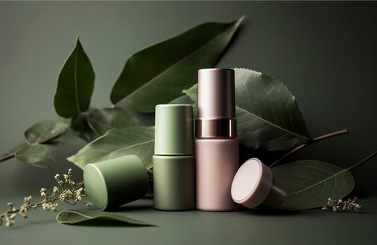 Eco friendly cosmetics decorated with green leaves, organic facial skincare, makeup and skin care cosmetic items. image. photo